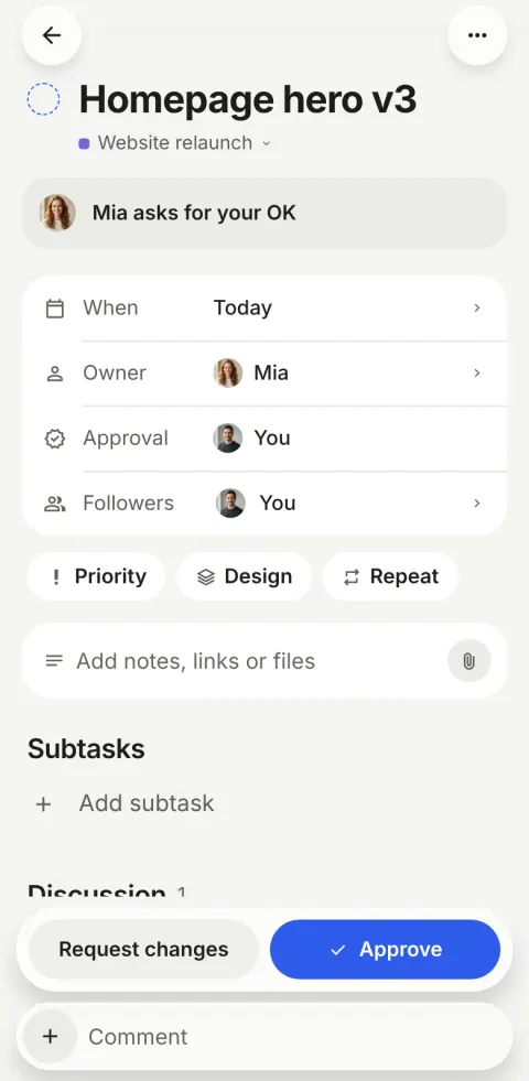 A task waiting for approval with Request changes and Approve over the comment bar.
