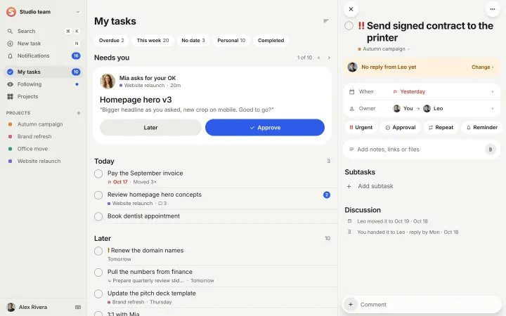 The web app: a sidebar with My tasks, Following and Projects; My tasks with Needs you and Today in the middle; and the task “Send signed contract to the printer” open in a pane on the right, reading “No reply from Leo yet”.
