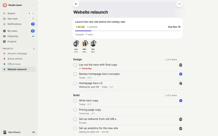 A project in the web app: “Website relaunch” with an At risk pill, its progress and the people on it, then its tasks under the stages Design and Build, each with how much is done.